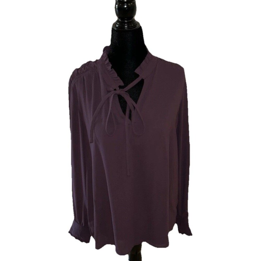 Loft Large Purple 100% Polyester Long Sleeve Sweetheart Tie Neckline Blouse